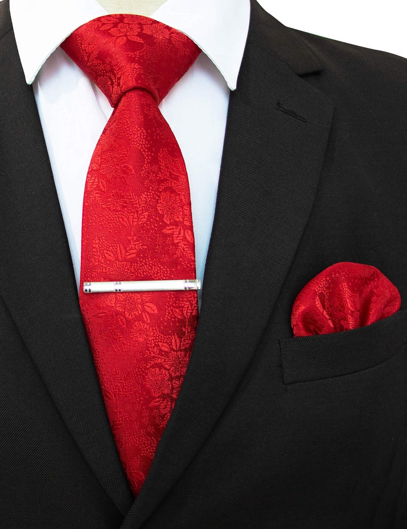 JEMYGINS Floral Red Necktie and Pocket Square Tie Clip Sets for Men (red-2) - Image 2